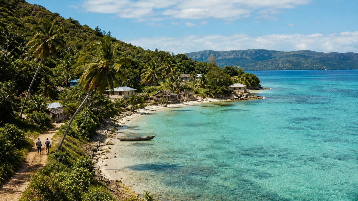 Un sentier côtier, un village et une pirogue au bord de l'eau turquoise à Île-à-Vache